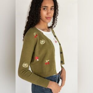 Green Cardigan Novelty Cropped Frogs Mushrooms  Embroidered Cherry Cute Kid Core